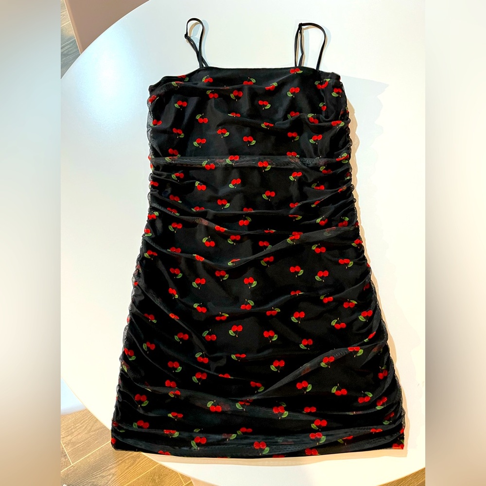 Cherry Pattern Mesh Mini Party Dress Size XL Black with Cherries